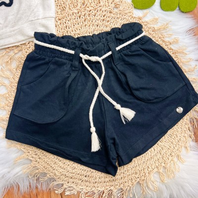 Conj. Cropped em Linho Flor em Lã e Short com Bolsos - Areia e Preto